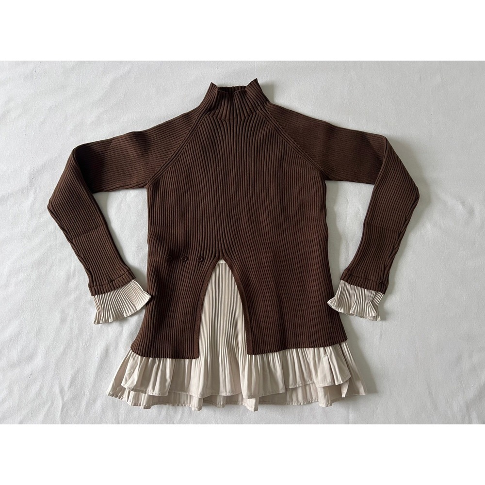 Avantlook Women's Brown Contrast-Hem Layered Peplum Ruffled Bottom Sweater Sz S